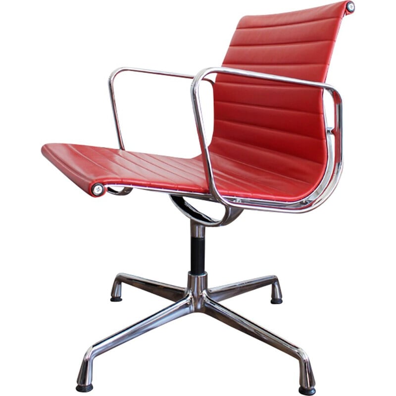 Vintage office chair EA 108 in red leather by Eames for Vitra