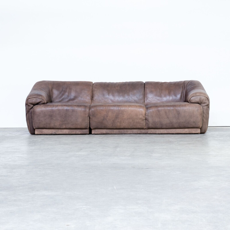 3 seat brown leather sofa 1970s