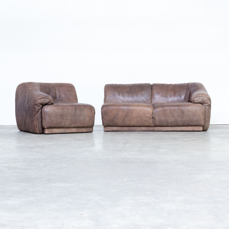 3 seat brown leather sofa 1970s