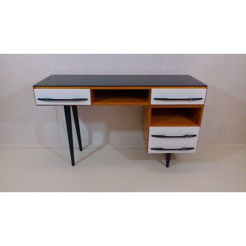 Vintage wood and varnish desk by architect M. Pozar, retro style, 1960.