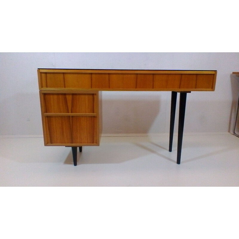 Vintage wood and varnish desk by architect M. Pozar, retro style, 1960.