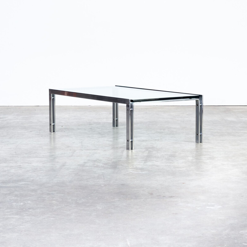 Vintage coffee table in glass and stainless steel frame for Metaform 1970