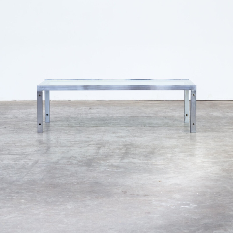 Vintage coffee table in glass and stainless steel frame for Metaform 1970