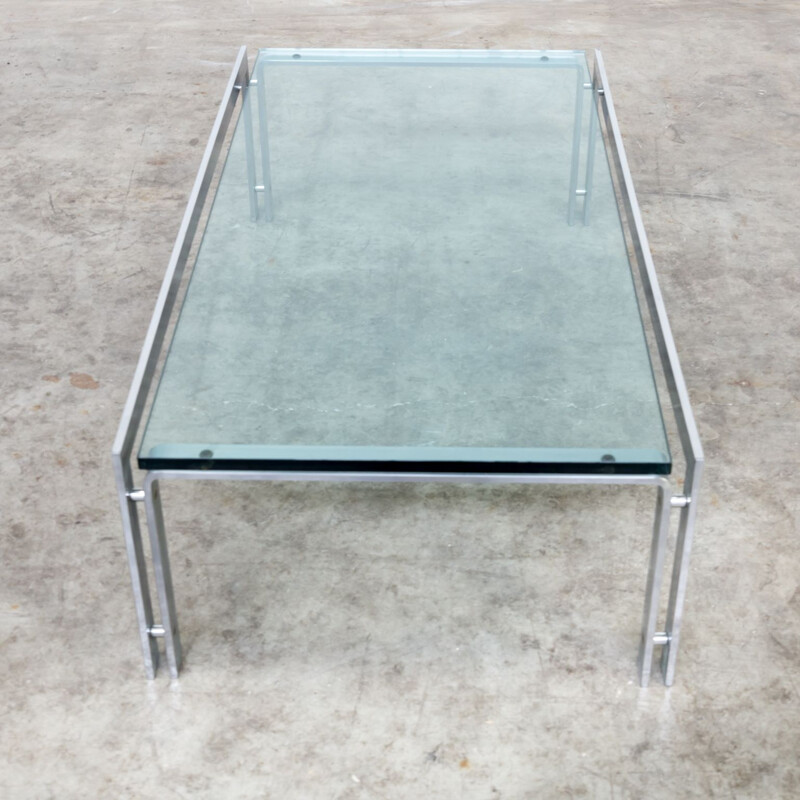 Vintage coffee table in glass and stainless steel frame for Metaform 1970