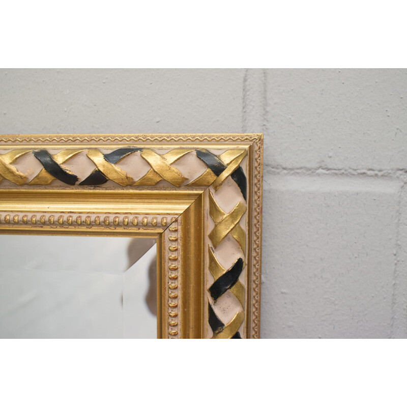 Specchio d'epoca rettangolare sfaccettato e dorato con cornice in legno