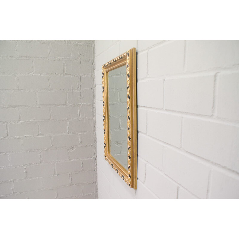 Specchio d'epoca rettangolare sfaccettato e dorato con cornice in legno