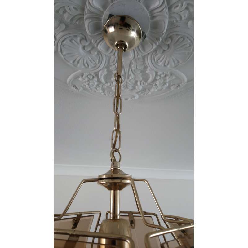 Vintage pendant lamp in gold metal and stained glass