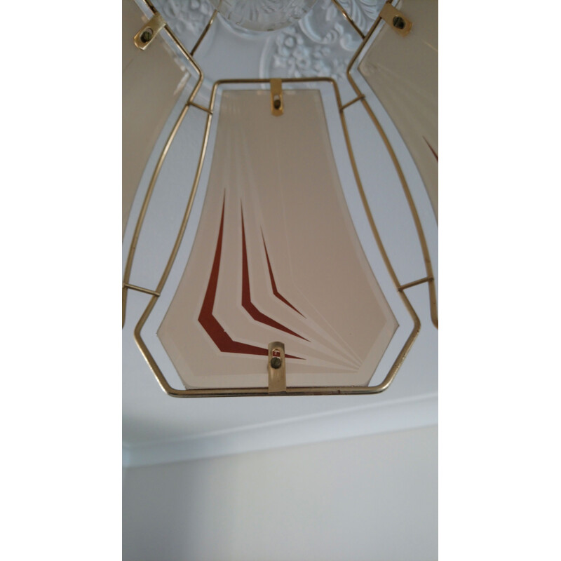 Vintage pendant lamp in gold metal and stained glass