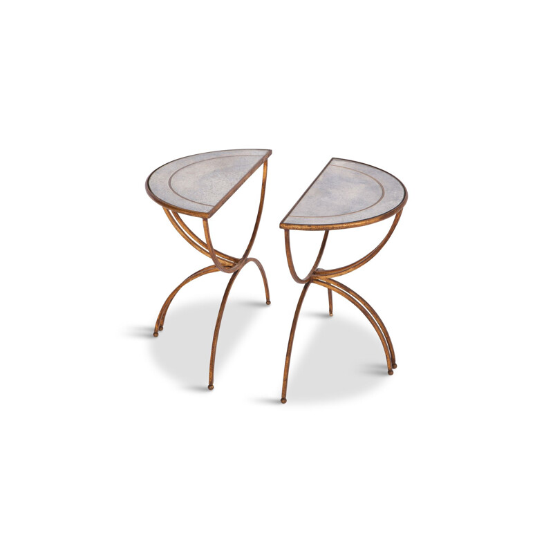Set of 2 demi-Lune Sidetables with Mirrored Glass Tops by Maison Baguès