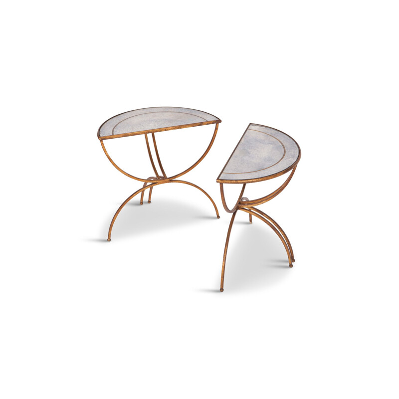 Set of 2 demi-Lune Sidetables with Mirrored Glass Tops by Maison Baguès