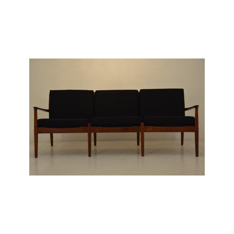 Scandinavian 3-seater sofa in teak and black fabric, Grete JALK - 1960s