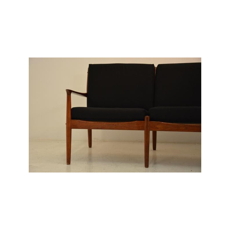 Scandinavian 3-seater sofa in teak and black fabric, Grete JALK - 1960s