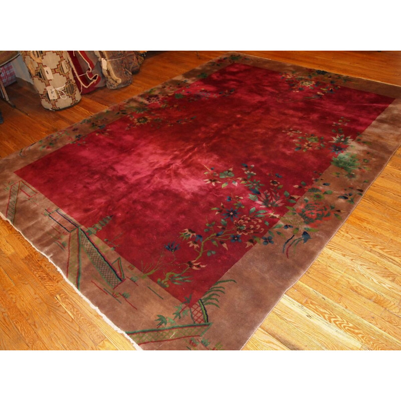 Vintage handmade Chinese carpet in red wool