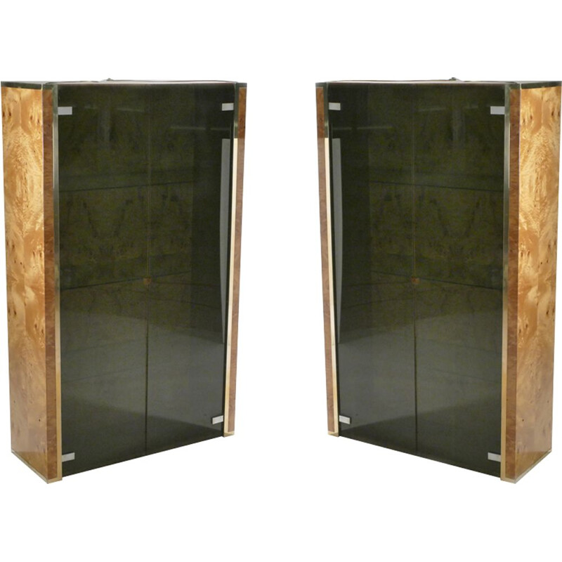Set of 2 showcases in burr elm and brass Jean-Claude Mahey for Roche Bobois - 1970s