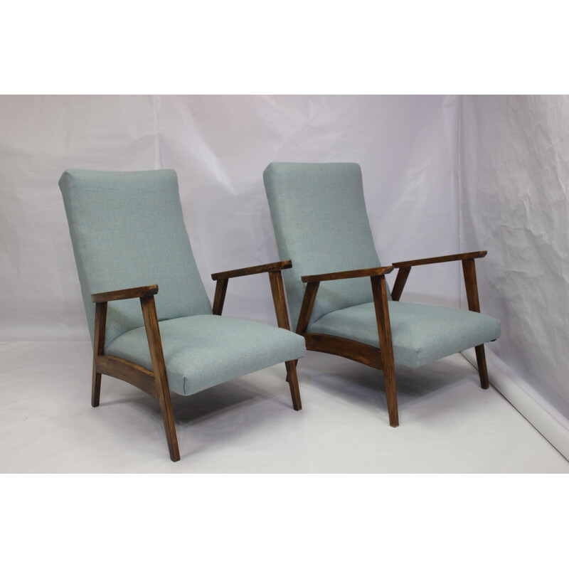 Set of 2 vintage Scandinavian armchairs in blue fabric