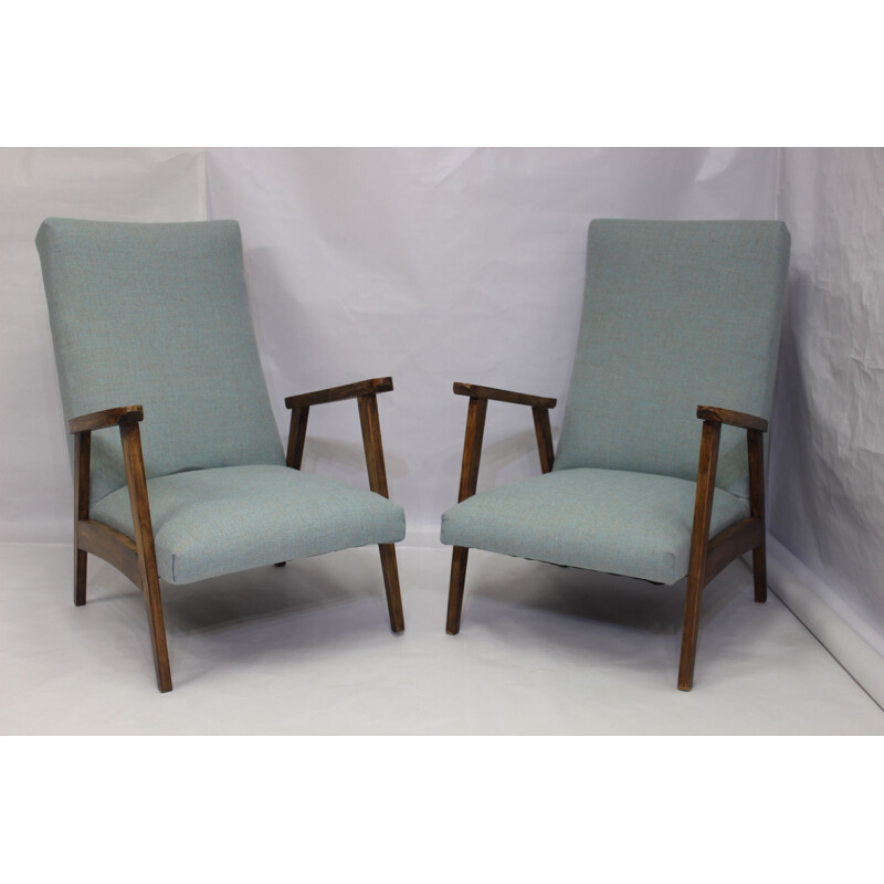 Suite de 2 fauteuils vintage scandinaves en tissu bleu