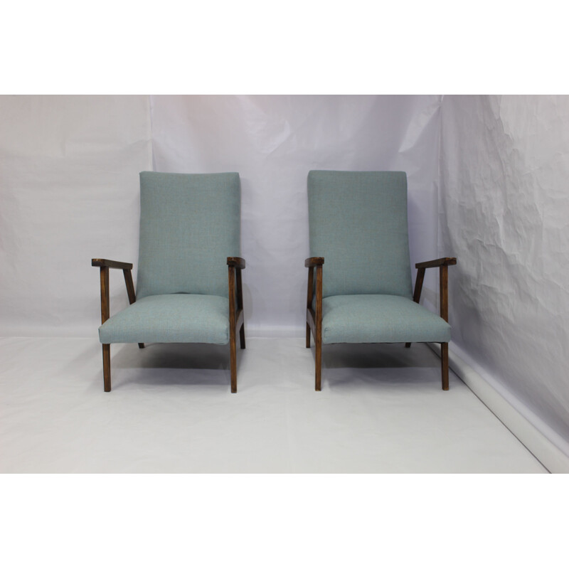 Set of 2 vintage Scandinavian armchairs in blue fabric