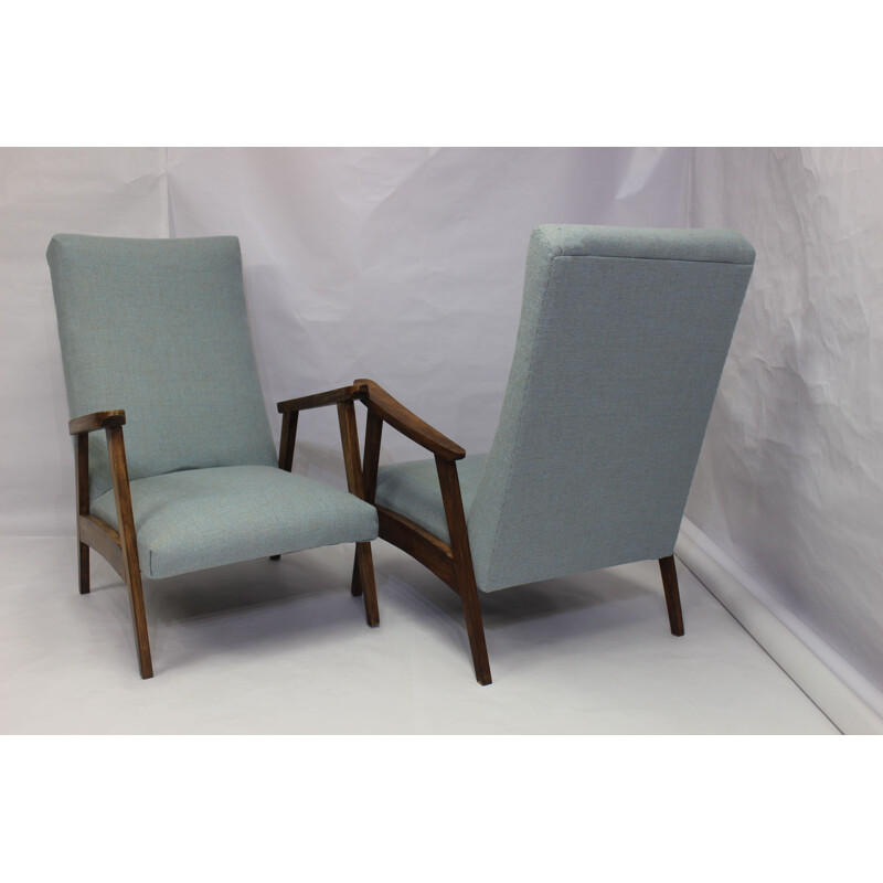 Set of 2 vintage Scandinavian armchairs in blue fabric