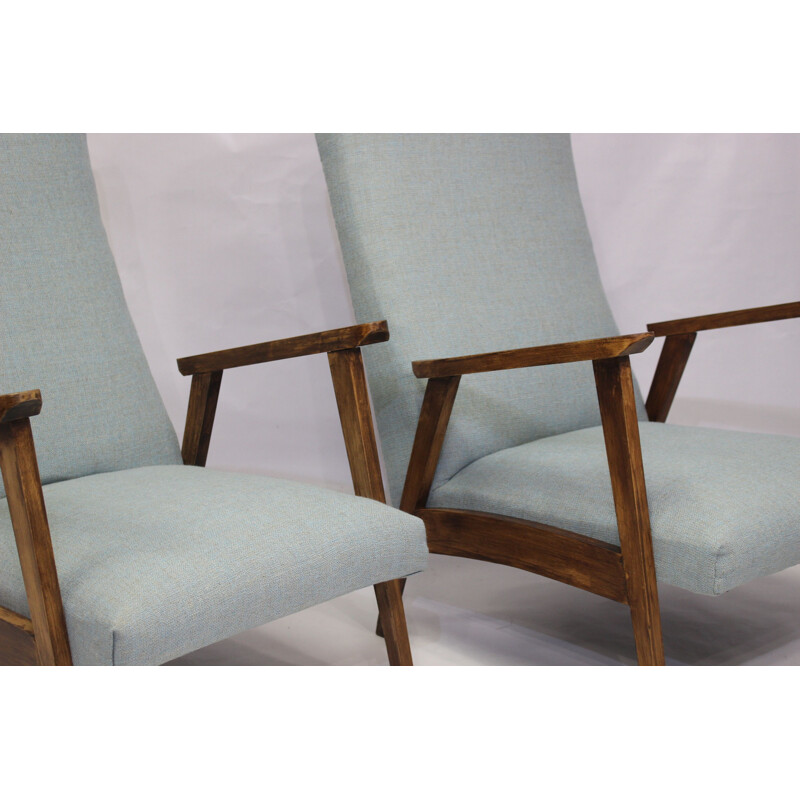 Set of 2 vintage Scandinavian armchairs in blue fabric