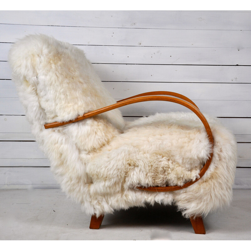 Set of 2 vintage armchairs in sheepskin by Jindrich Halabala