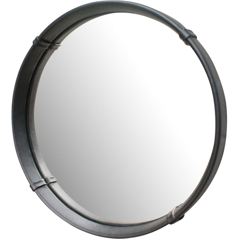 Vintage round wall mirror in leather