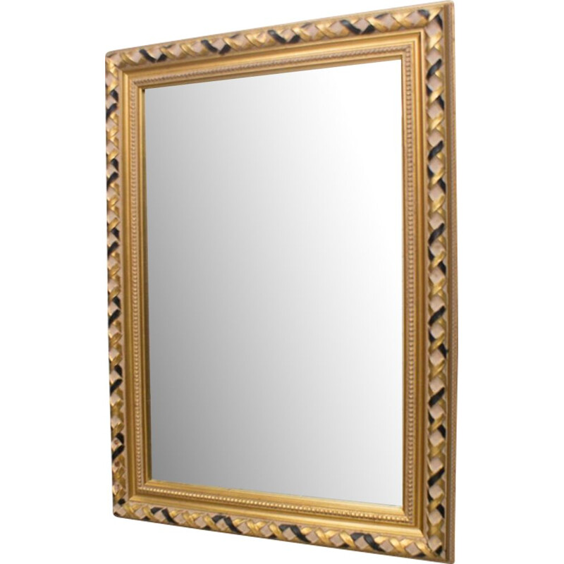 Miroir à facettes vintage rectangulaire doré avec un cadre en bois