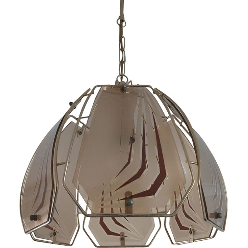 Vintage pendant lamp in gold metal and stained glass