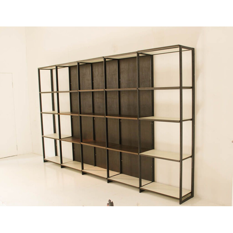 Vintage modulable bookcase in melamine & faux leather