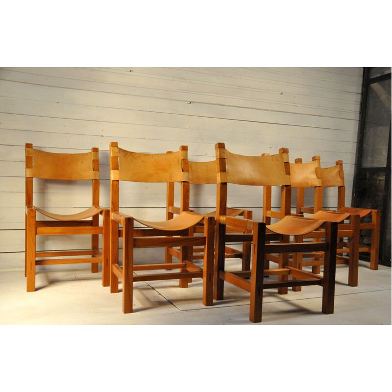 Suite de 6 Chaises vintage en Cuir & Orme 1960