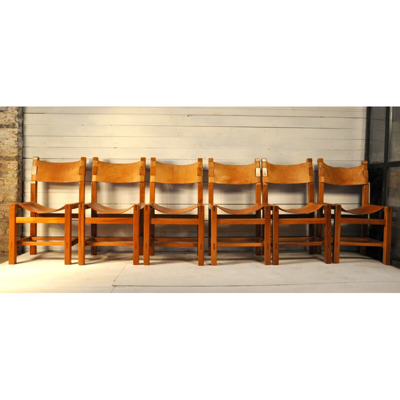 Suite de 6 Chaises vintage en Cuir & Orme 1960