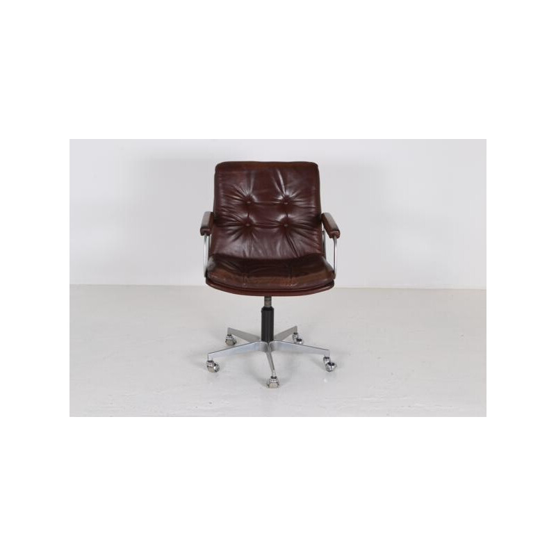 Desk chair in brown leather and cast aluminum, Geoffrey HARCOURT - 1950s