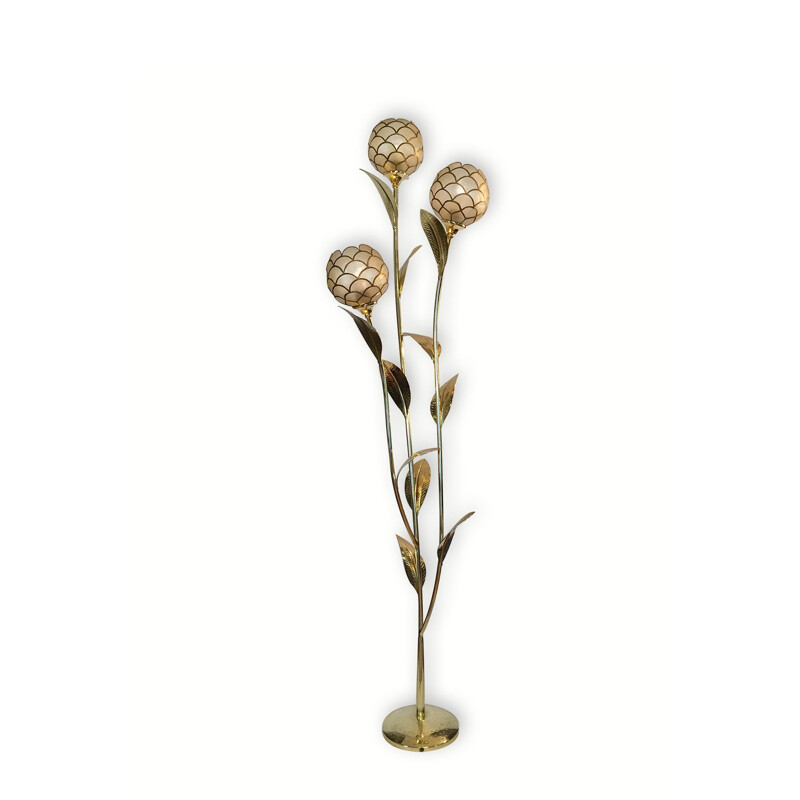 Vintage floral floor lamp in brass and mother of pearl by Capiz, France 1970