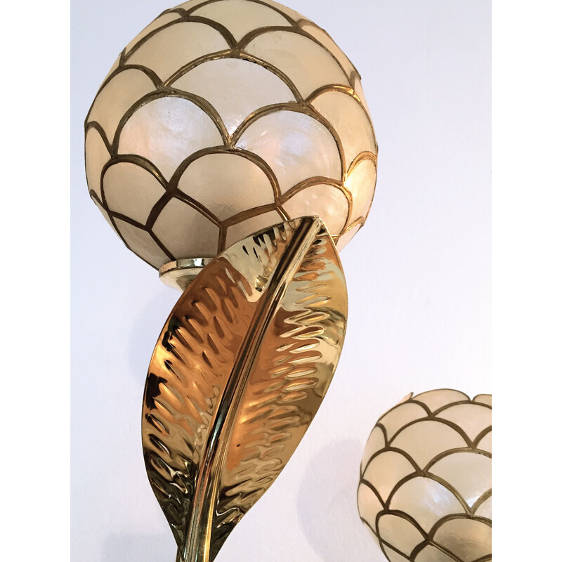 Vintage floral floor lamp in brass and mother of pearl by Capiz, France 1970