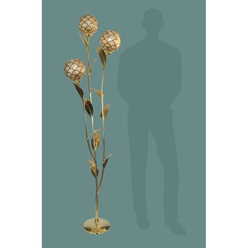 Vintage floral floor lamp in brass and mother of pearl by Capiz, France 1970