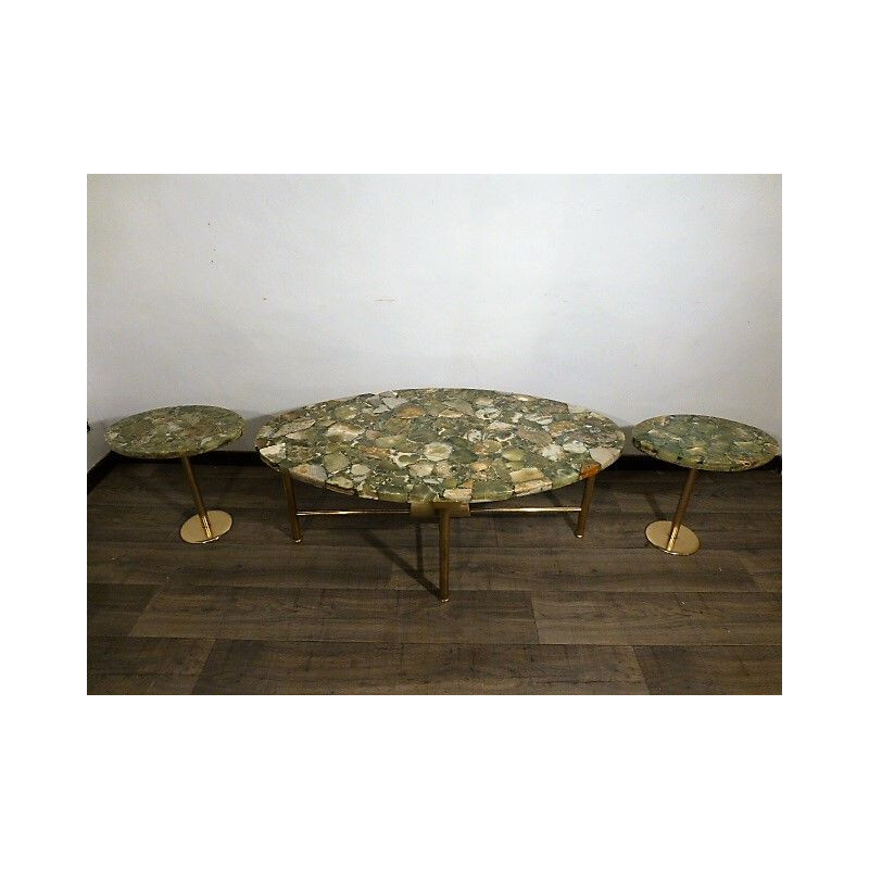 Set coffee table and 2 side tables in brass and onyx 1960 sofa