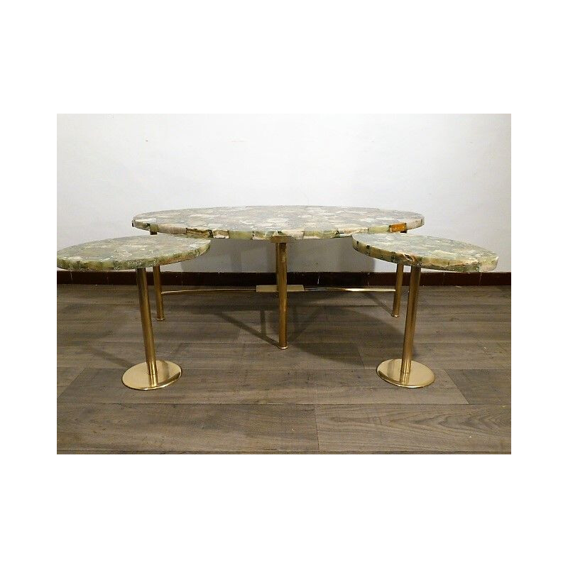 Set coffee table and 2 side tables in brass and onyx 1960 sofa