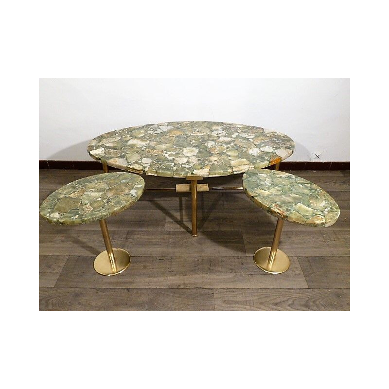 Set coffee table and 2 side tables in brass and onyx 1960 sofa