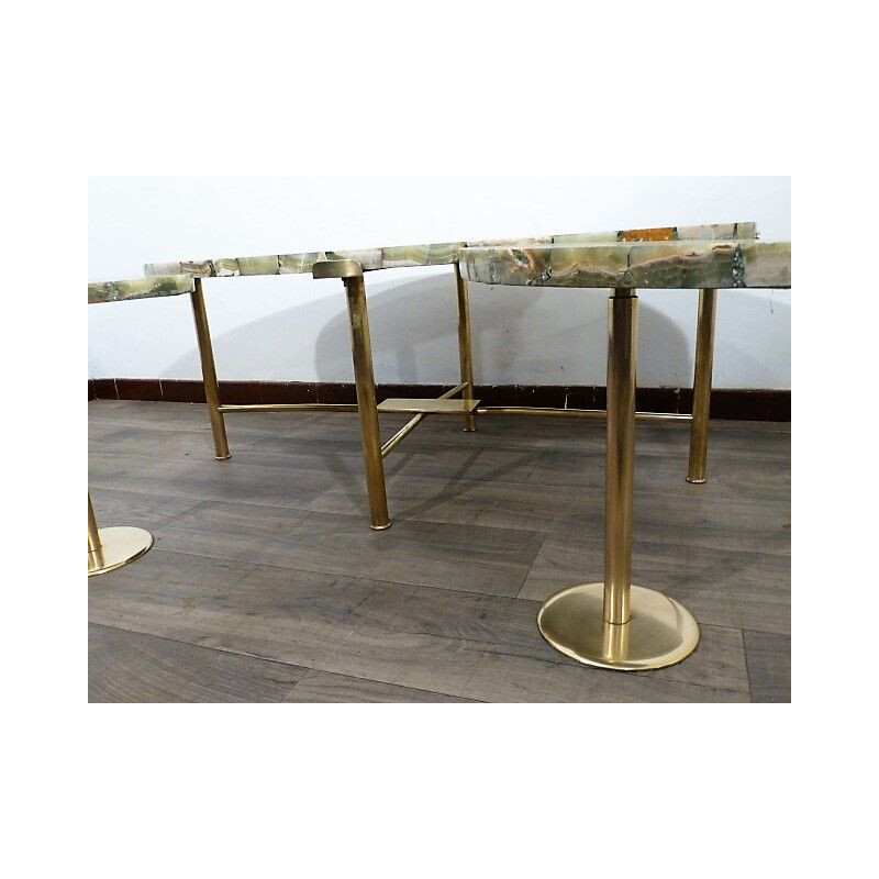 Set coffee table and 2 side tables in brass and onyx 1960 sofa