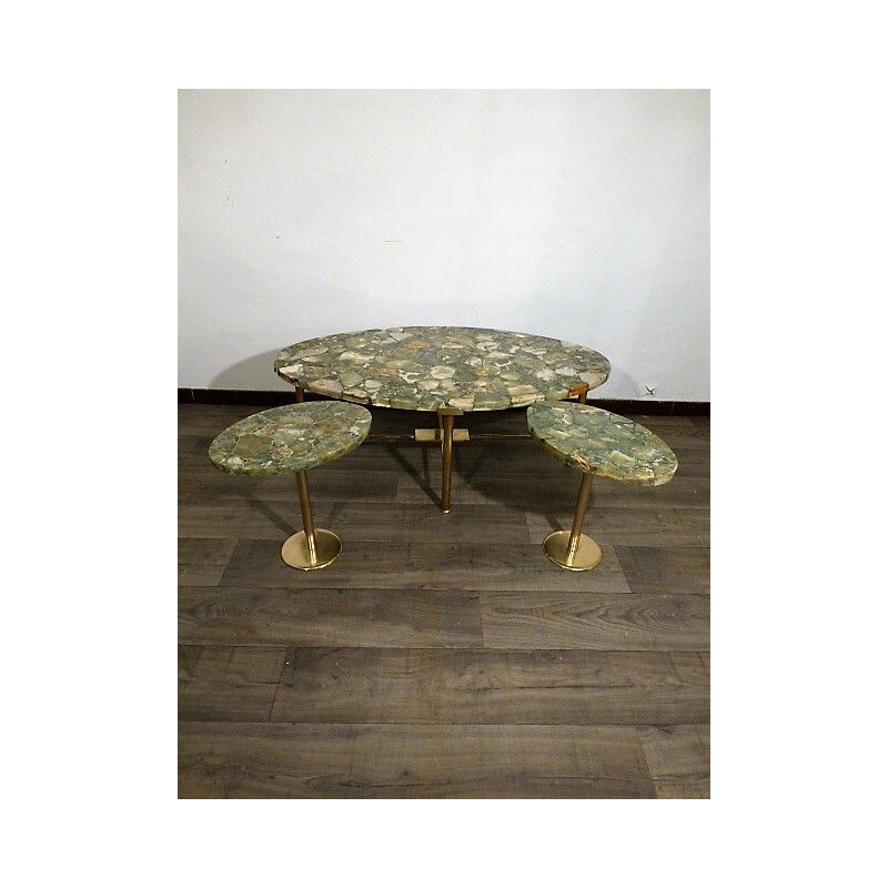 Set coffee table and 2 side tables in brass and onyx 1960 sofa