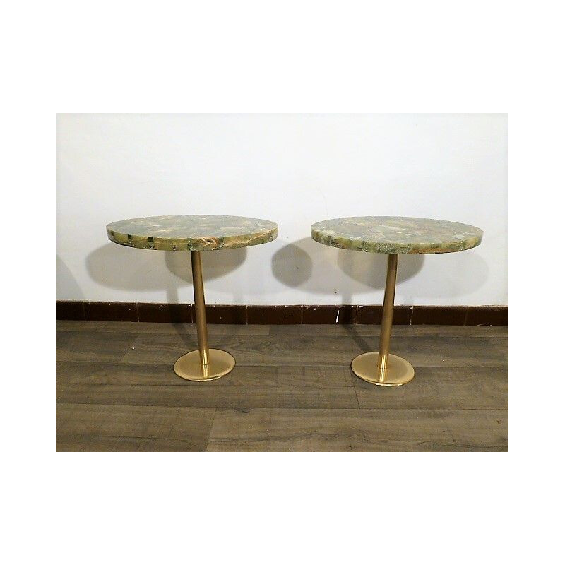 Set coffee table and 2 side tables in brass and onyx 1960 sofa