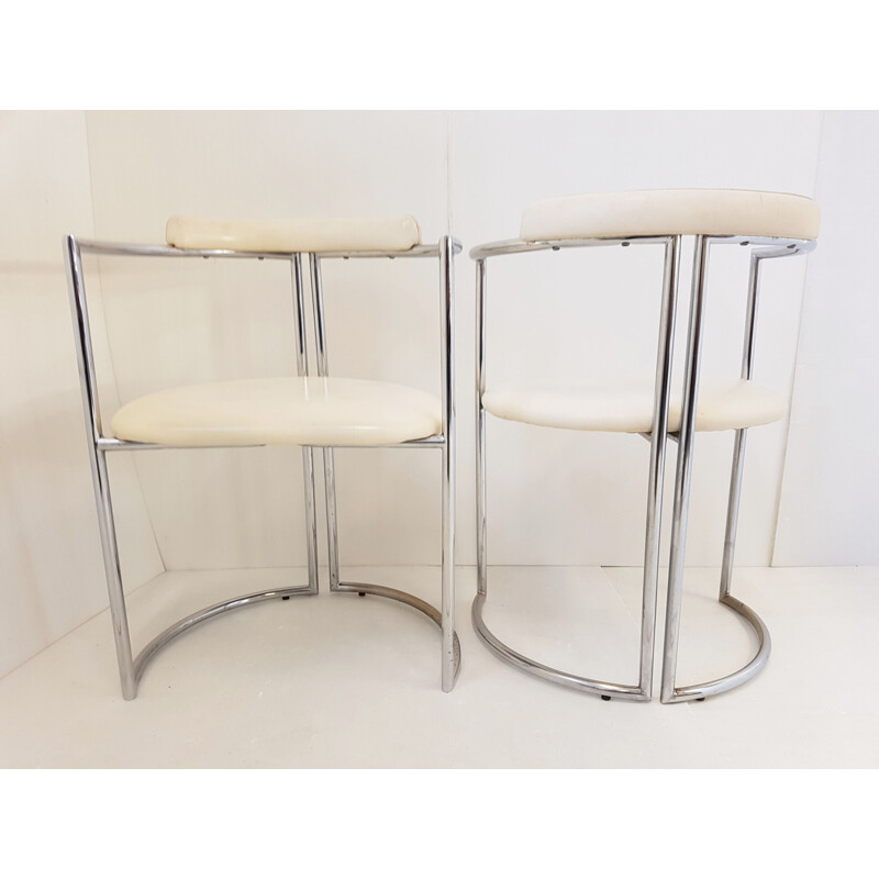 Set of glass table and 4 white leatherette chairs 1970