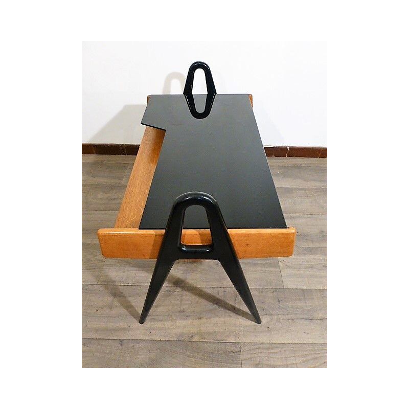 Vintage coffee table in wood and black opaline by Louis Paolozzi