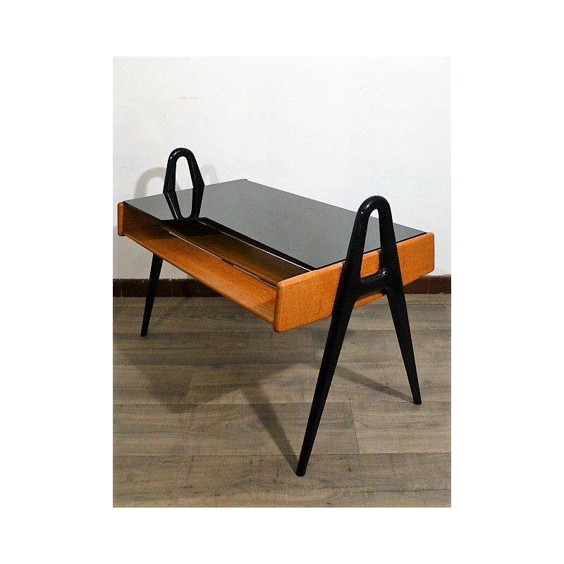 Table basse vintage en bois et opaline noire par Louis Paolozzi