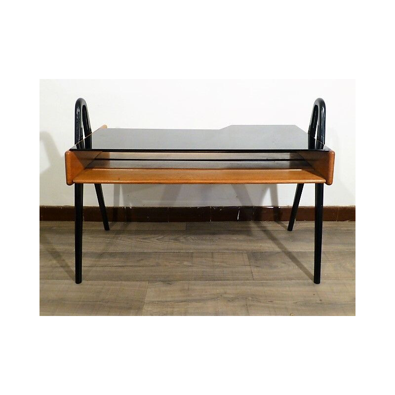 Vintage coffee table in wood and black opaline by Louis Paolozzi