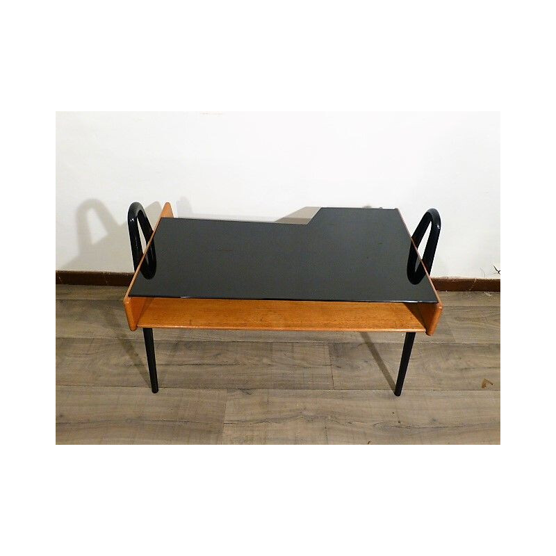 Vintage coffee table in wood and black opaline by Louis Paolozzi