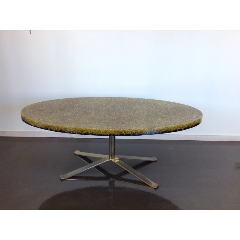 Oval coffee table in glass, resin and steel, Pierre GIRAUDON - 1970s