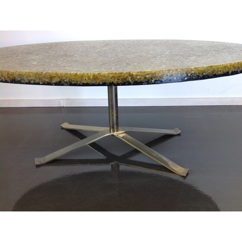 Table de salon ovale en verre, résine et acier, Pierre GIRAUDON - 1970