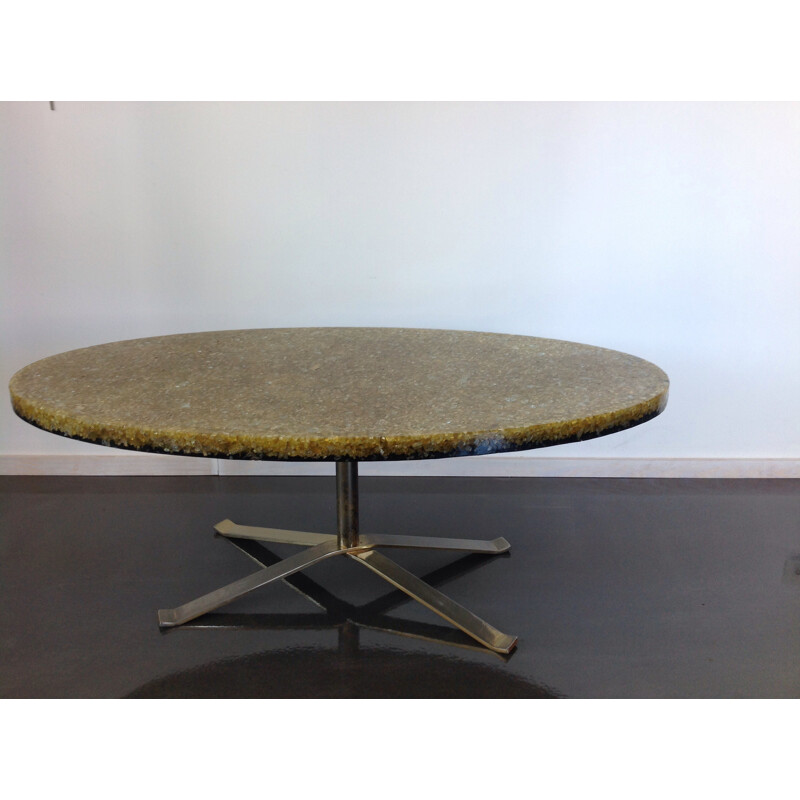 Table de salon ovale en verre, résine et acier, Pierre GIRAUDON - 1970