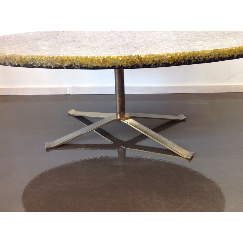 Oval coffee table in glass, resin and steel, Pierre GIRAUDON - 1970s