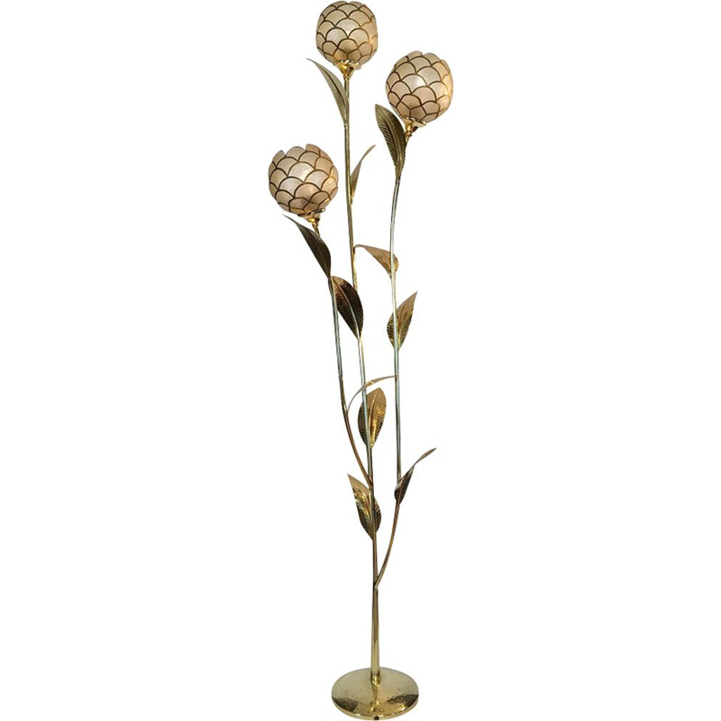 Vintage floral floor lamp in brass and mother of pearl by Capiz, France 1970